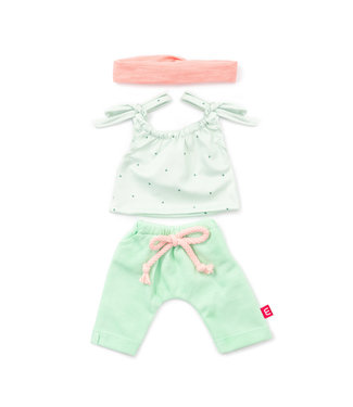 Miniland Miniland - KLEDIJ SET voor pop  groen/roos voor meisje 38cm, 3-delig, topje, broek en  haarlint, met kleerhanger, 3+