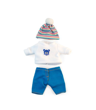 Miniland Miniland - KLEDIJ SET voor pop  wit/blauw voor jongen 21cm, 3-delig, trui, broek en muts, plastic zakje met kleerhanger, 3+