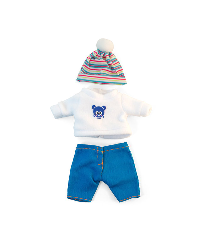 Miniland Miniland - KLEDIJ SET voor pop  wit/blauw voor jongen 21cm, 3-delig, trui, broek en muts, plastic zakje met kleerhanger, 3+