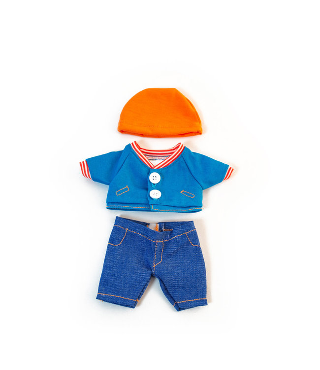 Miniland Miniland - KLEDIJ SET voor pop blauw voor jongen 21cm, 3-delig, trui, broek en muts,  plastic zakje met kleerhanger, 3+