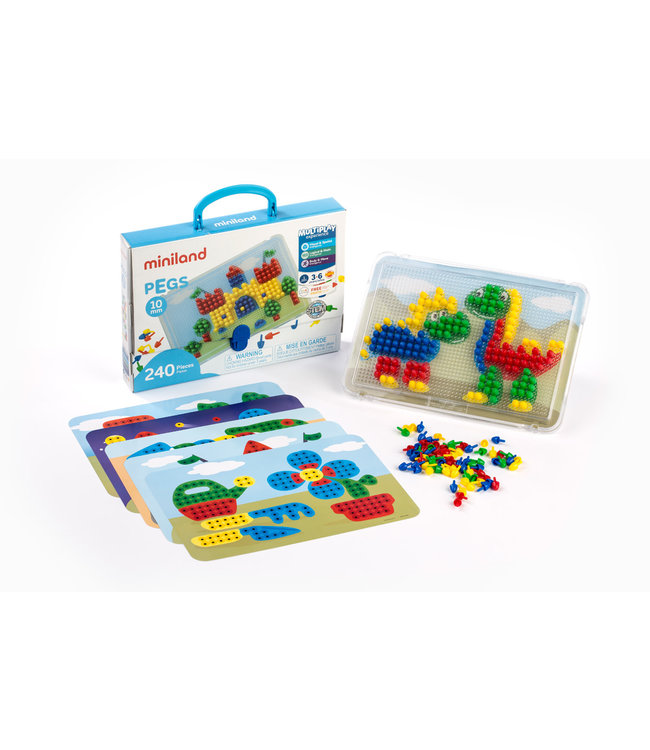 Miniland Miniland - MOZAIEK Pegs 10mm, met bord + 6 werkbladen + 240 nageltjes, in doos met handvat. Made in Spain, 3+