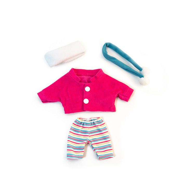 Miniland Miniland - KLEDIJ SET voor pop  roos voor meisje 21cm, 4-delig, broek, jas, haarlint en  sjaal, plastic zakje met kleerhanger, 3+