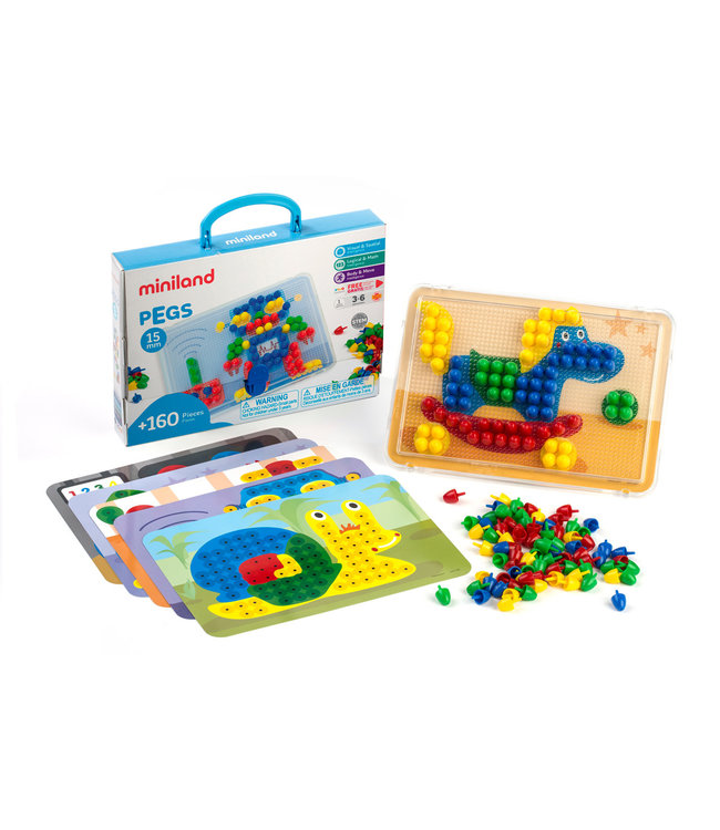 Miniland Miniland - MOZAIEK Pegs 15mm, met bord + 6 werkbladen + 160 nageltjes, in doos met handvat. Made in Spain, 3+