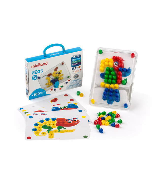 Miniland Miniland - MOZAIEK Pegs 20mm, bord + 6 werkkaarten + 100 nagels, in doos met handvat. Made in Spain, 3+