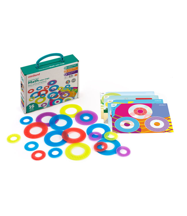 Miniland Miniland - MATH COLOR RINGS diam.9cm, doorzichtig, geschikt voor lightpad, 16 ringen en 4 speelkaarten, 2+