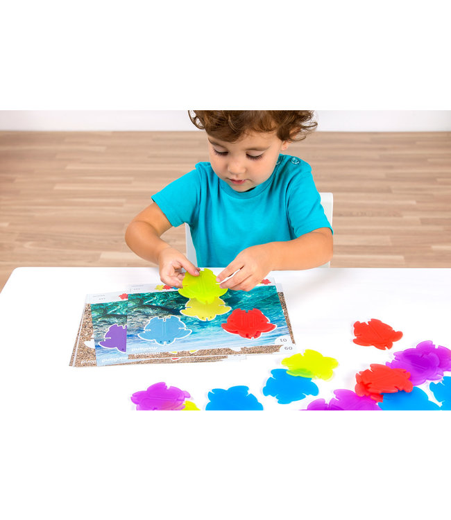 Miniland Miniland - MATH TURTLES 7cm, doorzichtig, geschikt voor lightpad, 20 schildpadden en 9 transparante speelkaarten, 2+