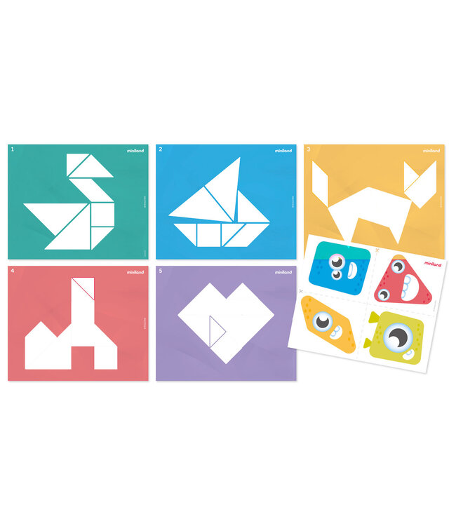 Miniland Miniland - TANGRAM, doorzichtig, met 4 tangrams (28st.), 6 transparante  speelkaarten, geschikt voor lightpad, 3+