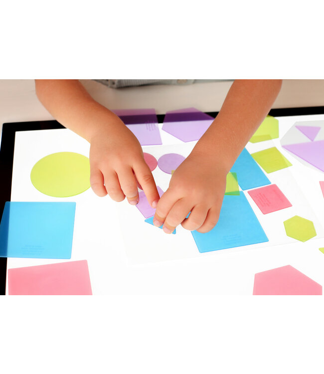 Miniland Miniland - GEOMETRIEVORMEN 8cm, doorzichtig, geschikt voor lightpad, 40 vormen en 12 transparante speelkaarten, 3+
