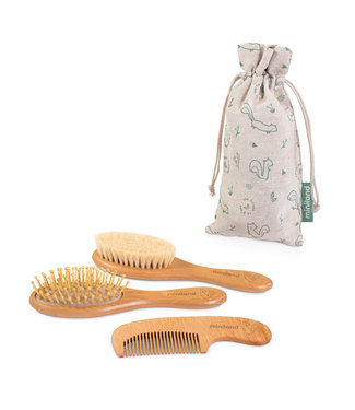 Miniland Miniland - HAARBORSTELSET EEKHOORN, 2 borstels en 1 kam in katoenen zakje,  ecofriendly collectie
