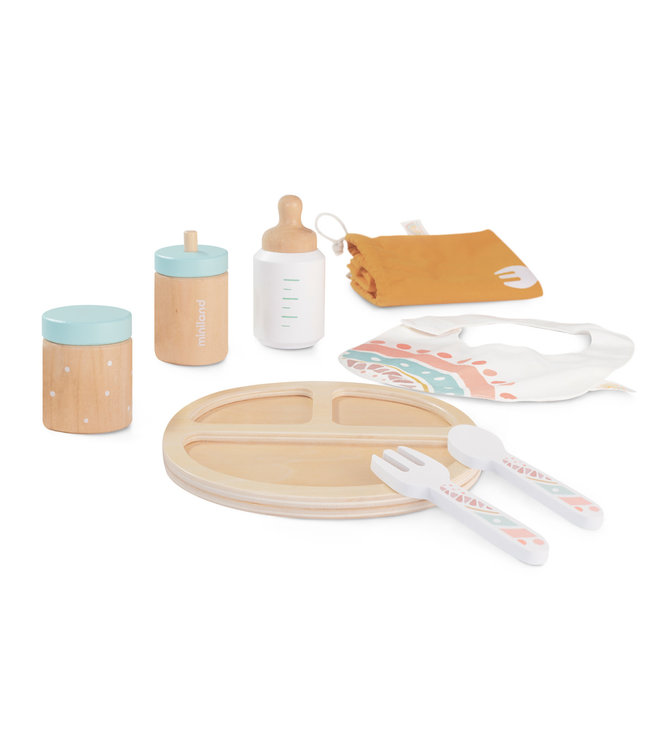 Miniland Miniland - EETSETJE voor POPPEN, in hout, 7-delig, bord 14cm, met draagtasje, 3+