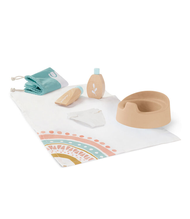 Miniland Miniland - VERZORGINGSETJE voor POPPEN, in hout, 5-delig, doek 25cm, met  draagtasje, 3+