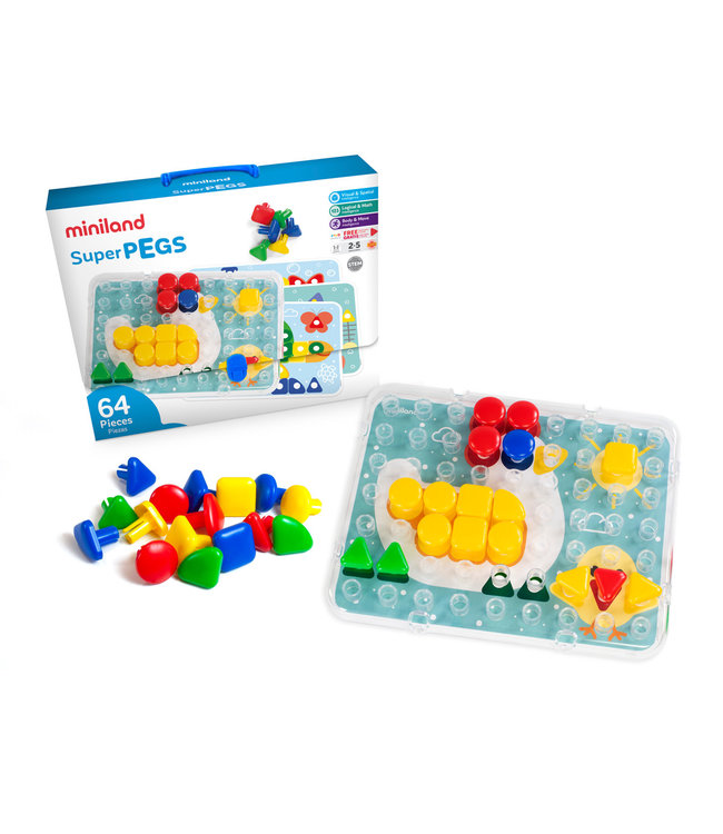 Miniland Miniland - MOZAIEK Superpegs 38x30cm, 64 supernagels + bord + 4 werkkaarten,  in doos. Made in Spain, 2+