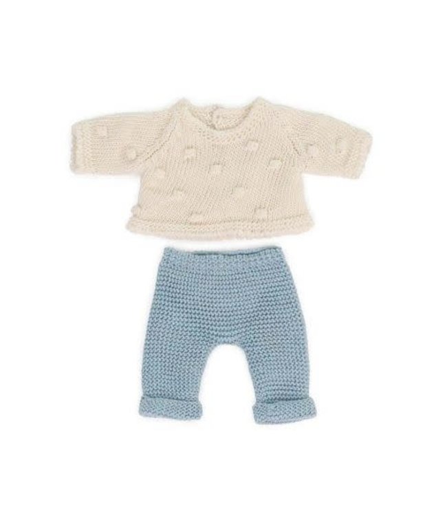 Miniland Miniland - KLEDIJ SET voor pop  GEBREID blauw/wit voor pop 21cm, eco en gerecycleerd,  2-delig, trui en broek, op kleerhanger, 3+
