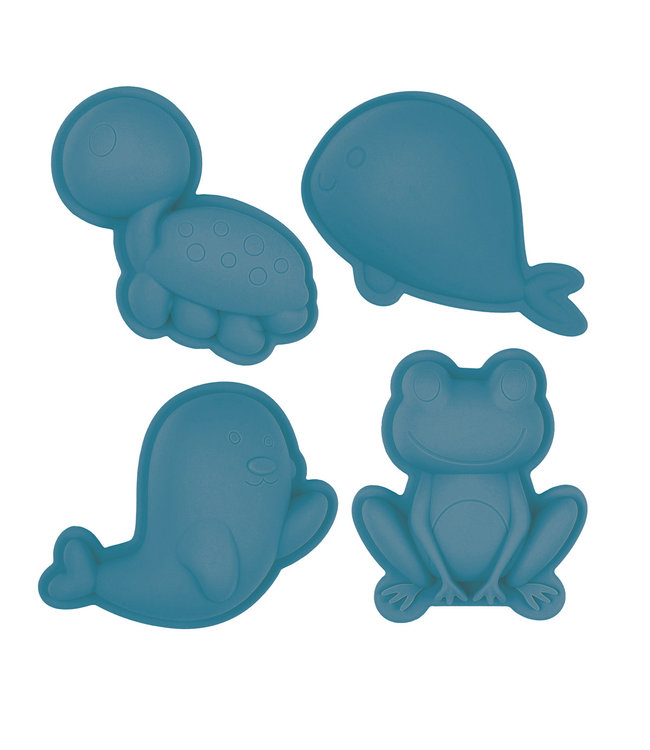 Scrunch Scrunch - ZANDVORMPJES // SET B van 4 stuks, grijsblauw 12cm, opvouwbaar, 100% siliconen, recycleerbaar, in netzakje, 12m+