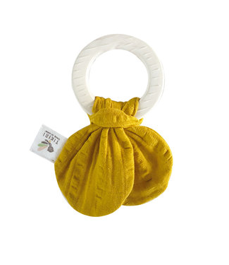 Tikiri Tikiri - BIJTRING met gele knoop 16cm, in natuurlijk rubber, op kaart, 0+