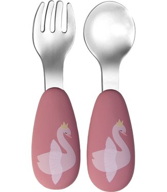 Tryco Tryco - Silicone - Stainless spoon & fork - Swan Dusty Rose