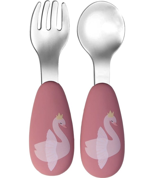 Tryco Tryco - Silicone - Stainless spoon & fork - Swan Dusty Rose