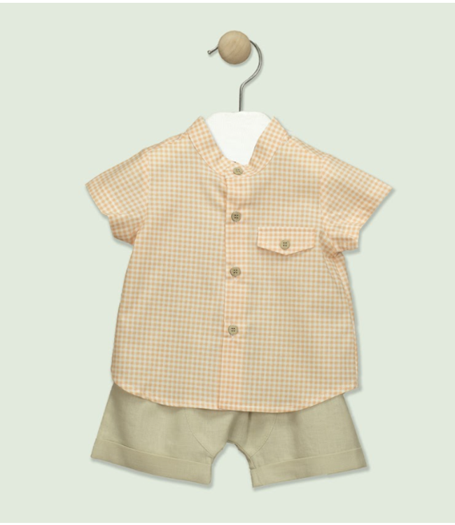 Babidu Babidu - 2Delige Set - Short + Hemdje - Linnen - Oranje Vichy/Beige