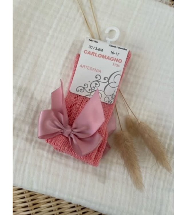 Carlomagno Carlomagno - Gehaakte kniekous oud roze met strik op zijkant