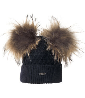 First First - Frill Knitted Bonnet 2 Fur Ponpon - Navy