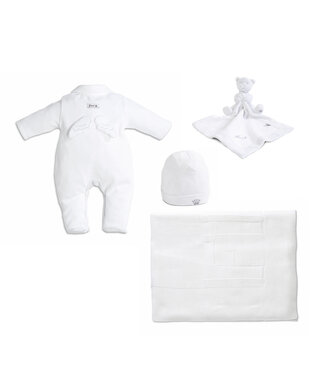 First First - set blanket/doudou/bonnet/rompersuit XXL ANGEL ESSENTIALS WHITE 56