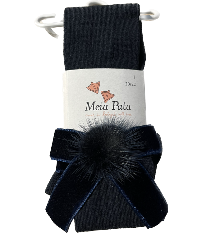 Meia Pata Meia Pata - Kousenbroek met Velvet strik en pompon - Donkerblauw