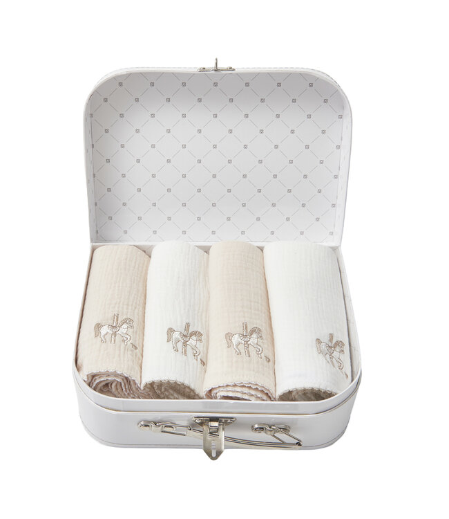 Theophile & Patachou Theophile & Patachou - 4 geborduurde tetra doek 70x70 + koffertje ivoor /beige Carrousel