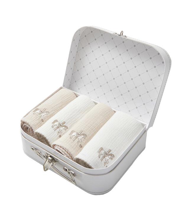 Theophile & Patachou Theophile & Patachou - 4 geborduurde tetra doek 70x70 + koffertje ivoor /beige Carrousel
