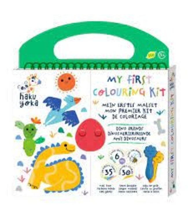 Haku Yoka Haku Yoka - MIJN EERSTE KLEURKIT / DINOVRIENDEN 20,5x24x2cm, bevat 6 waskrijtjes met lachend gezichtje, 35 kleurvellen en afneembare stickers, bevat 10% bijenwas, 3+