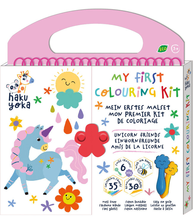 Haku Yoka Haku Yoka - MIJN EERSTE KLEURKIT / EENHOORNVRIENDEN 20,5x24x2cm, bevat 6 waskrijtjes met lachend gezichtje, 35 kleurvellen en afneembare stickers, bevat 10% bijenwas,  3+