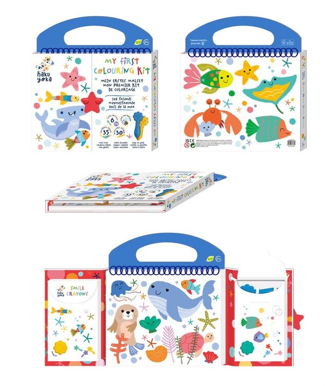 Haku Yoka Haku Yoka - MIJN EERSTE KLEURKIT / ZEEDIERVRIENDEN 20,5x24x2cm, bevat 6 waskrijtjes met lachend gezichtje, 35 kleurvellen en afneembare stickers, bevat 10% bijenwas, 3+