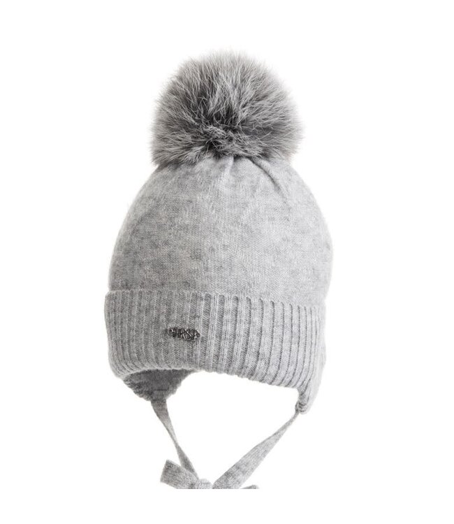 First First - Endless Grey - Grijze gevoerde babymuts in wool & cashmere in jacquard met omslag, gevoerd met katoen. Ponpon in bont.