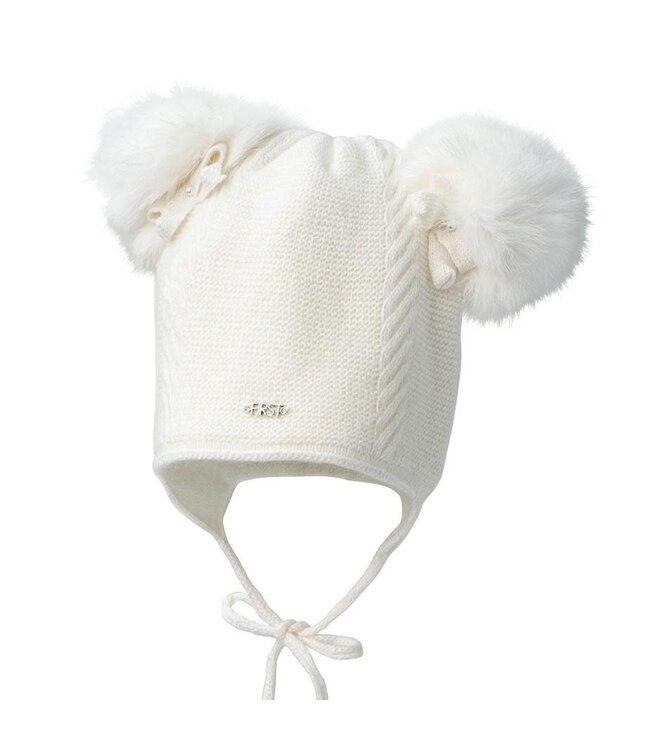 First First - Endless Grey - Ecru gevoerde babymuts in wool & cashmere met 2 ponpons & strikje.