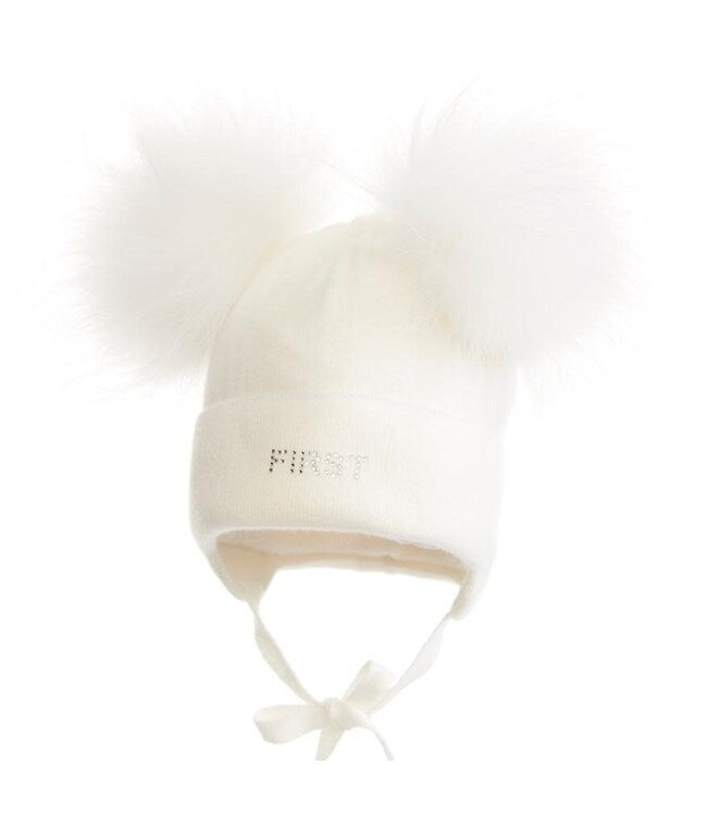 First First - Endless Grey - Ecru gevoerde babymuts in wool & cashmere met omslag & fijn streepje in lurex & 2 ponpons in bont, gevoerd met katoen.