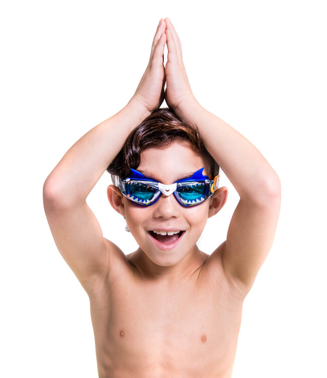 Bling2o Bling2o - ZWEMBRIL: JAWSOME JR - Small Bite, blauw, siliconen, aanpasbare hoofdband, 100% UV  bescherming, anti-condens, in doorzichtige bewaardoos, 3+