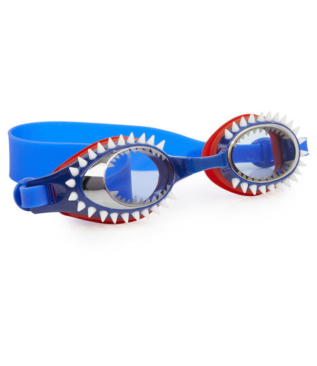 Bling2o Bling2o - ZWEMBRIL: FISH-N-CHIPS - Tiger Shark Navy, blauw, siliconen, aanpasbare hoofdband,  100% UV bescherming, anti-condens, in doorzichtige bewaardoos, 3+