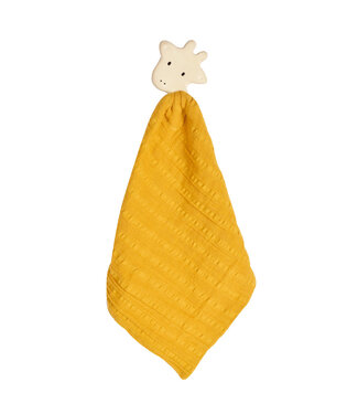 Tikiri Tikiri - KNUFFELDOEKJE geel - GIRAF met hoofdje in natuurlijk rubber (bijtring) 25x23cm, op kaart, 0+