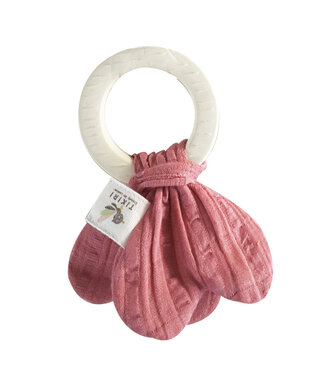 Tikiri Tikiri - BIJTRING met donkerroze knoop 16cm, in natuurlijk rubber, op kaart, 0+