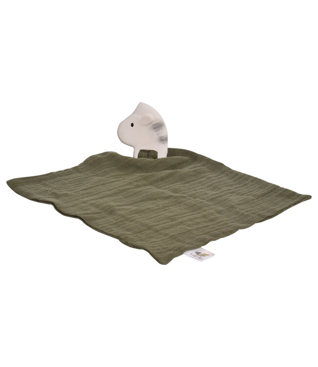 Tikiri Tikiri - KNUFFELDOEKJE donkergroen - ZEBRA met hoofdje in natuurlijk rubber (bijtring) 25x23cm, op kaart, 0+