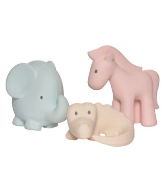 Tikiri Tikiri - Marshmallow Collection SET VAN 3 SAFARI DIERTJES: olifant blauw 11cm, paard roze 12cm en krokodil cr√®mekleurig 5cm, in natuurlijk rubber, met belletje, in netzakje, 0+