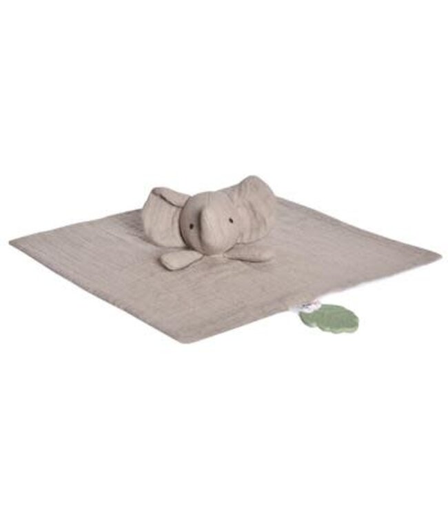 Tikiri Tikiri - Safari - KNUFFELDOEKJE in biologisch katoen, grijs - OLIFANT met bijtring in natuurlijk rubber 30x30cm, op kaart, 0+