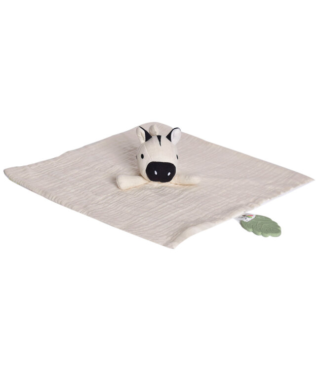 Tikiri Tikiri - Safari - KNUFFELDOEKJE in biologisch katoen, wit - ZEBRA met bijtring in natuurlijk rubber 30x30cm, op kaart, 0+
