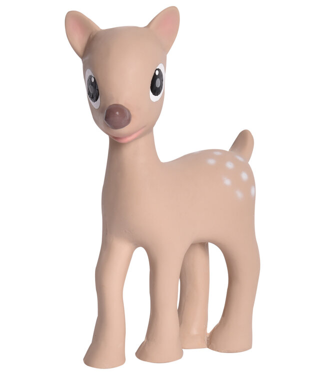 Tikiri Tikiri - HERTJE - RAMMELAAR 17cm, in natuurlijk rubber, met belletje, met hangkaart, 0+