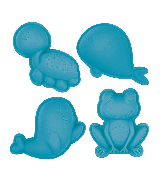 Scrunch Scrunch - ZANDVORMPJES // SET B van 4 stuks, petroleumblauw 12cm, opvouwbaar,  100% siliconen, recycleerbaar, in netzakje, 12m+