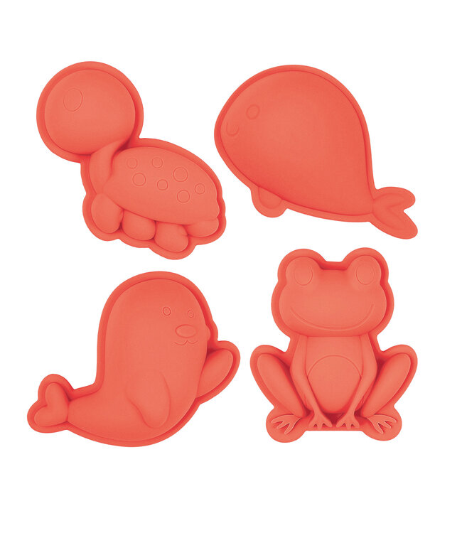 Scrunch Scrunch - ZANDVORMPJES // SET B van 4 stuks, koraal 12cm, opvouwbaar, 100%  siliconen, recycleerbaar, in netzakje, 12m+