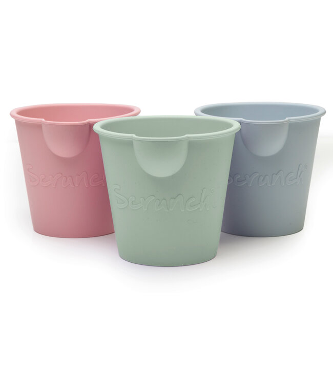 Scrunch Scrunch - SET van 3 GIETEMMERTJES oud roze, eendeneiblauw, saliegroen 10x9x10cm, opvouwbaar, 100% siliconen, recycleerbaar, 12m+
