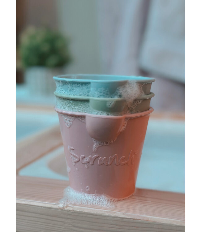 Scrunch Scrunch - SET van 3 GIETEMMERTJES oud roze, eendeneiblauw, saliegroen 10x9x10cm, opvouwbaar, 100% siliconen, recycleerbaar, 12m+