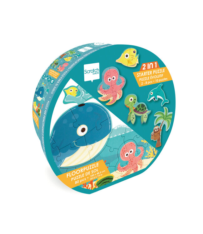 Scratch Scratch - Puzzel: BEGINNERS- & VLOERPUZZEL/OCEAAN 100x48,5cm, 80stuks met 10 beginnerspuzzels, in doos diam.26xH10cm, 2+