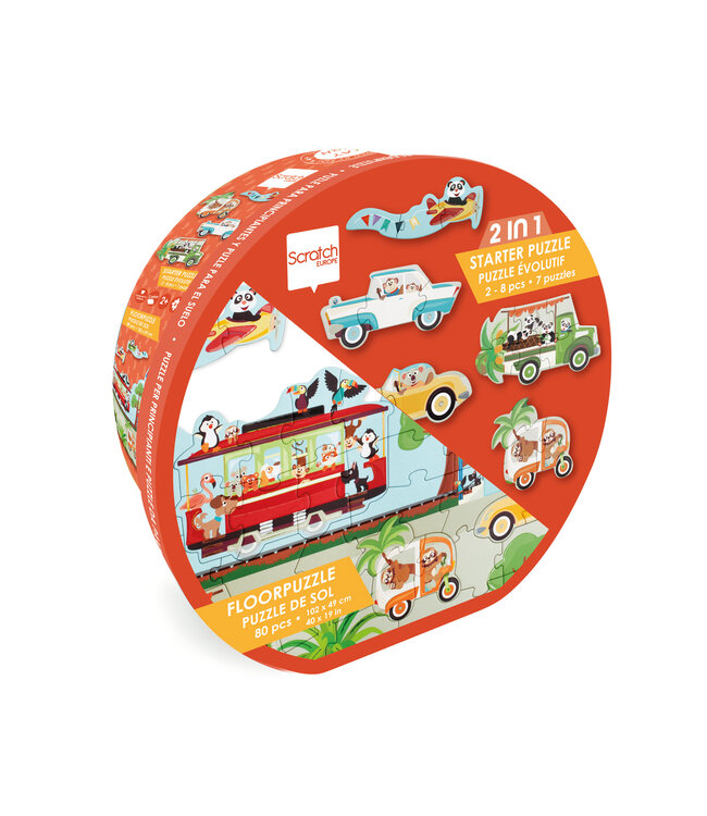 Scratch Scratch - Puzzel: BEGINNERS- & VLOERPUZZEL/OP DE WEG 100x49cm, 80stuks met 7 beginnerspuzzels, in doos diam.26xH10cm, 2+