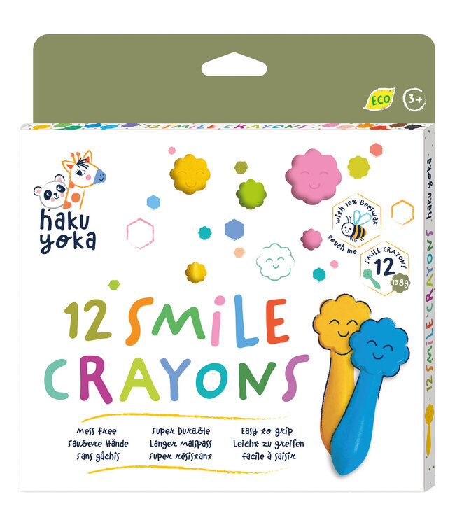 Haku Yoka Haku Yoka - WASKRIJTJES met LACHEND GEZICHTJE of UILVORM 20,4x16x23cm, 8 stuks, bevat 10% bijenwas, in display 24,8x17,5x37cm, 3+